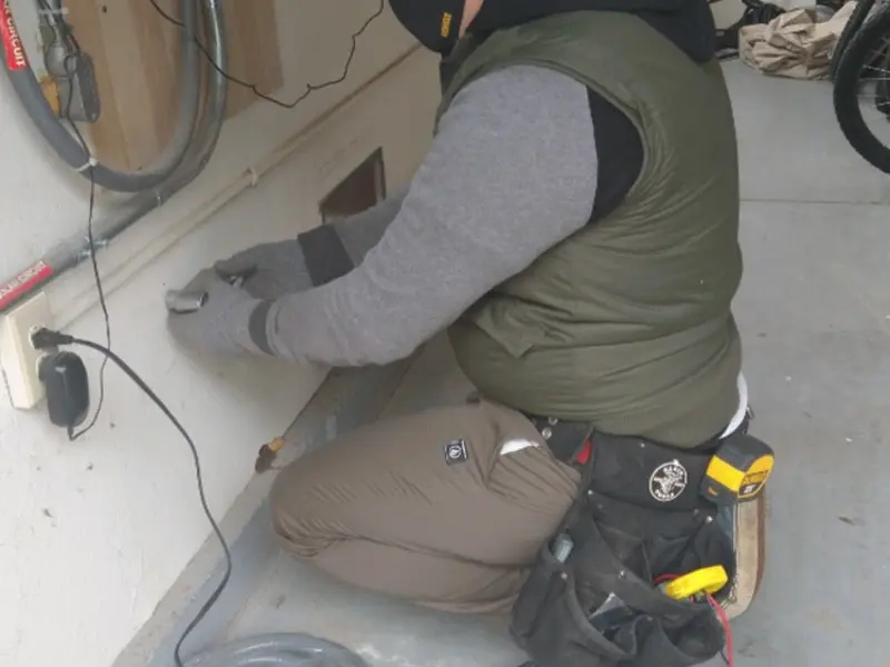 Electrician performing outlet wiring in a Pauls Valley garage